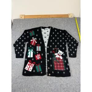 Vintage Adele Knitwear Ugly Christmas Sweater XL Bear Bells Present Cardigan